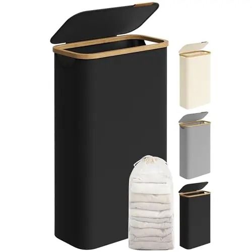 SONGMICS Wäschekorb mit Deckel, 65 L, platzsparend, herausnehmbarer Wäschesack, zusammenklappbar, tintenschwarz