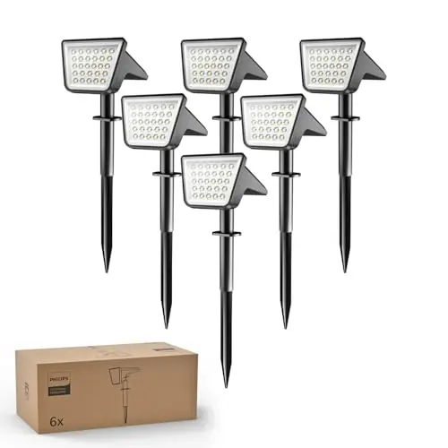Philips 6 Solar-Gartenleuchten, 28 LEDs, Wasserdicht, Dämmerungssensor, für Garten, Hof & Wege