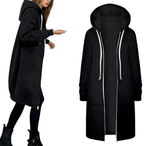 Sweatshirt Jacke Damen, Kapuzenpullover mit Reißverschluss, Langarm, Sweatjacke, Streetwear, mit Taschen, Schwarz, Größe M