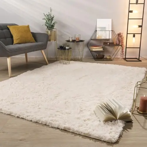 Hochflor Teppich Wohnzimmer Modern Einfarbig Beige Creme 160x220 cm