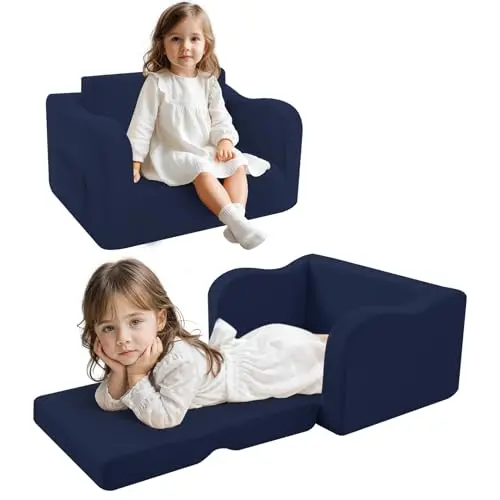 MeMoreCool Ausklappbares Kindersofa – Bequemes 2-in-1 Schlafsofa für Kleinkinder, Navy Blau