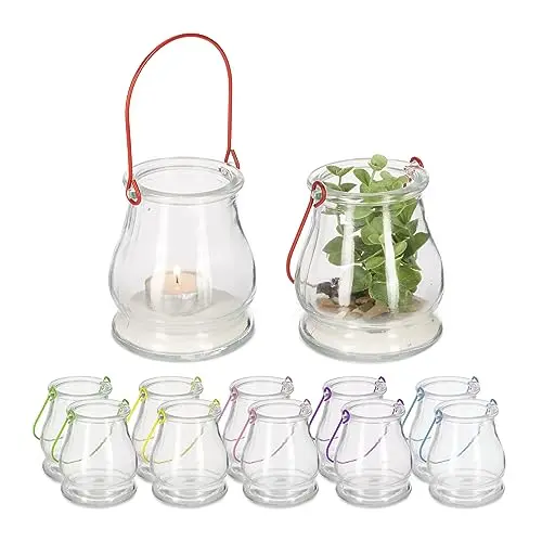Relaxdays Windlicht 12er Set, Glas mit buntem Henkel, Teelichthalter für innen und außen