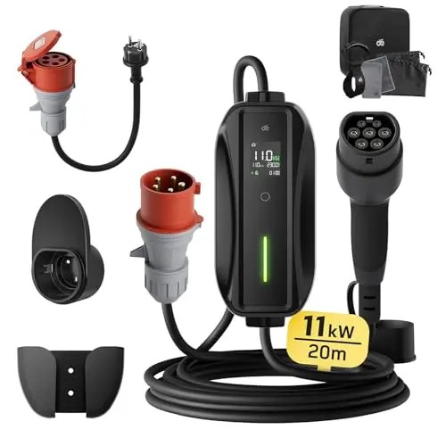 Dé Mobile Wallbox 11kW mit Ladeleitung, CEE 16A auf Typ 2 für Model Y/3, ID.3/4/5, MG4, EX30, e-up, e-tron und ZOE