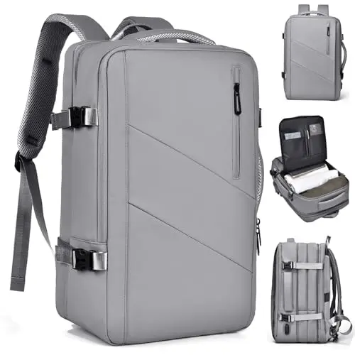LXQMHB Herren Rucksack für 15,6 Zoll Laptops, erweiterbar, mit USB Ladeanschluss, wasserdicht, grau