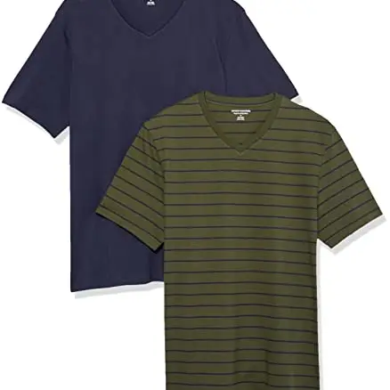 Amazon Essentials Herren V-Ausschnitt T-Shirt 2er-Pack, Marineblau/Oliv Streifen, Small