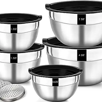 Wildone 5er Set Salatschüsseln aus Edelstahl mit luftdichten Deckeln, rutschfest und stapelbar