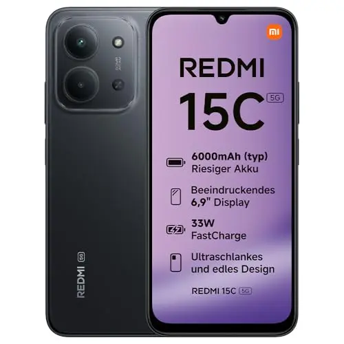 Xiaomi REDMI 15C 5G Smartphone, 4GB RAM, 128GB, 6,9" 120Hz Display, 50MP Kamera, 6000mAh - Mitternachtsschwarz