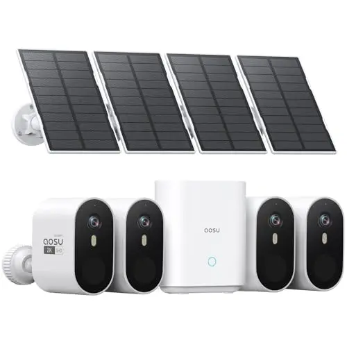 aosu 2K Außen Überwachungskamera Solar Akku 4er Set mit Speicher, 166° Weitwinkel, Farb-Nachtsicht, 3MP UHD, PIR Personenerkennung, IP66