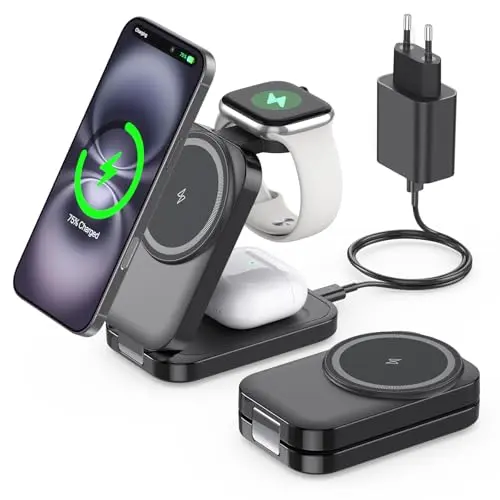 Tragbare 3-in-1 MagSafe Ladestation für Apple Watch, iPhone und AirPods Pro (Schwarz)
