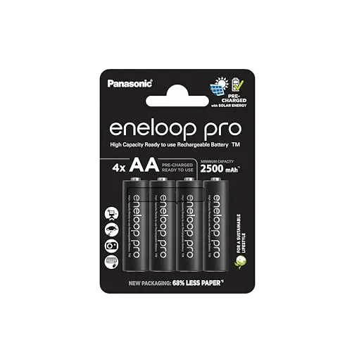 eneloop pro AA/Mignon NI-MH Akkus, 4er-Pack, 2500 mAh, wiederaufladbar, plastikfreie Verpackung, schwarz