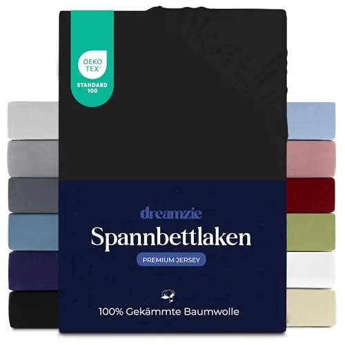Dreamzie Spannbettlaken 180x200 cm für Matratzen bis 27 cm, 100% Jersey Baumwolle - Schwarz