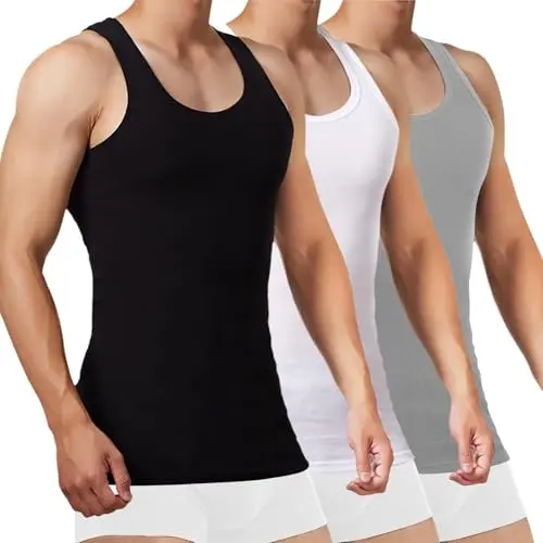 FALARY Herren Tank Top Baumwolle 3er Pack, Sport Unterhemden, Muskelshirts, Schwarz Weiß Grau, 3XL