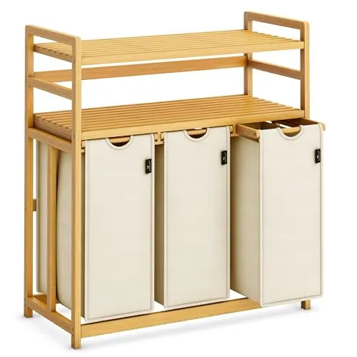 AdelDream Wäschekorb 150 l 3 Fächer mit ausziehbarem Wäschesack - Bambus Beige