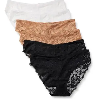 Amazon Essentials Damen Bikinihose, 6er-Pack, elastische Spitze, Bronze/Schwarz/Weiß, Größe 42