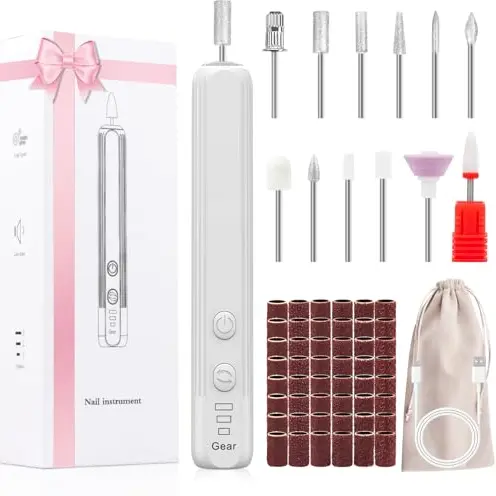 AOMEES Elektrisches Nagelbohrer Set, kabellos, mit 56 Schleifbändern, für Maniküre & Gelnägel (Rosa/Weiß)