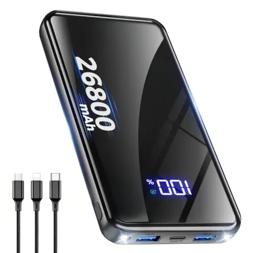 Power Bank 26800mAh USB-C Schnellladen, 30% mehr Kapazität, Schwarz
