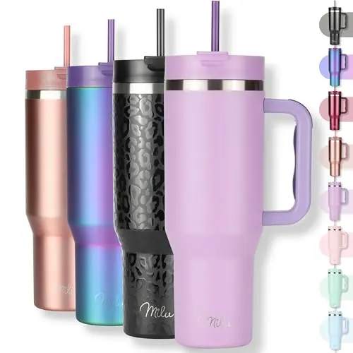Milu Thermobecher 1200ml mit Strohhalm und Henkel – 48h Eis & 24h Kalt – Isolierbecher To Go (Lilac)