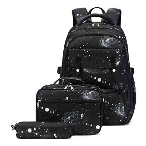 Vmokki Schulrucksack mit Weltall-Muster, Kühltasche und Federmäppchen - Wasserdicht & leicht für Kinder (Schwarz)