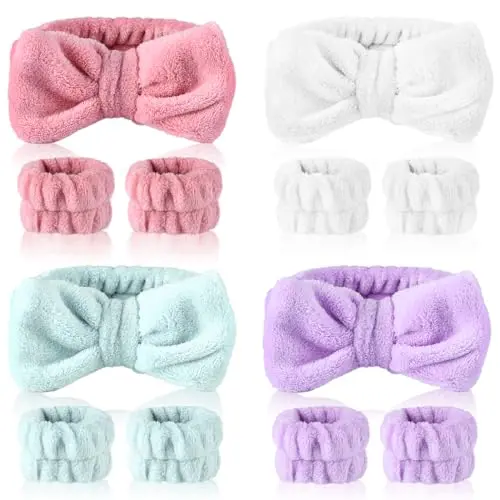 Heyu-Lotus 4 Paar Handgelenk Waschbänder mit Spa Bowknot Haarbändern für Frauen und Mädchen (blau)