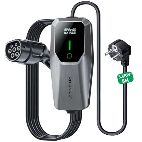 VDLPOWEREU Typ 2 Ladekabel 8M für Elektroautos, 3.6KW, tragbares Ladegerät mit LED-Anzeige