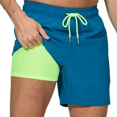 Arcweg Herren Badehose 2 in 1 - Atmungsaktive Badeshorts mit Verstellbarem Tunnelzug und Reißverschlusstaschen, Pfauenblau, M