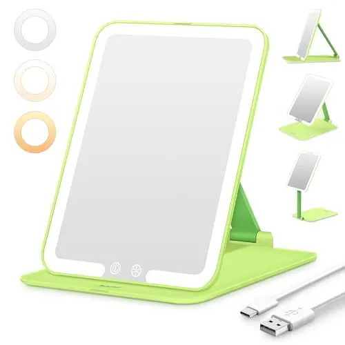 Auxmir Kosmetikspiegel mit Beleuchtung, Faltbarer Reisespiegel mit 3 Lichtfarben, USB Wiederaufladbar, Grün