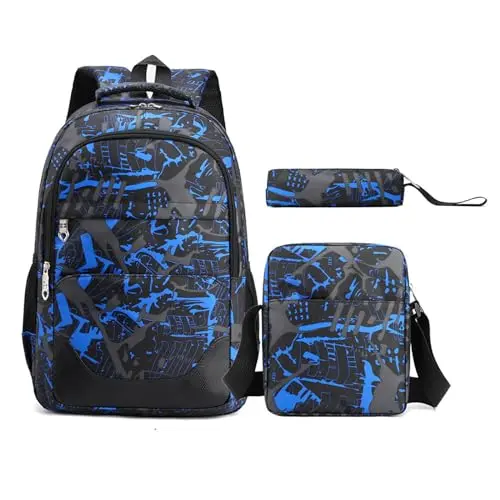 Camouflage Schulrucksack für Jungen und Mädchen, Schwarz und Blau, inkl. Federmäppchen und Umhängetasche