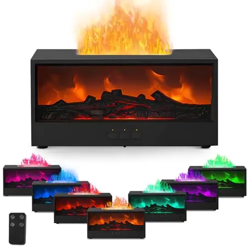 Aroma Diffuser mit 7 Flammenfarben, 150ML Luftbefeuchter mit LED-Kamin, Timer & Fernbedienung für Zuhause & Büro