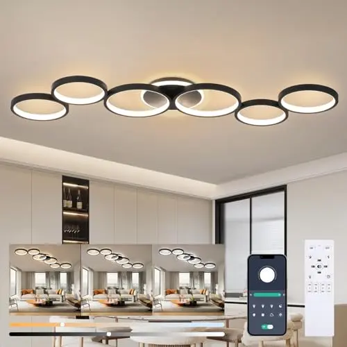 Dimmbare LED Deckenleuchte für Wohnzimmer und Schlafzimmer, Schwarz, mit Fernbedienung und App-Steuerung, 6-Ring Design, 113cm