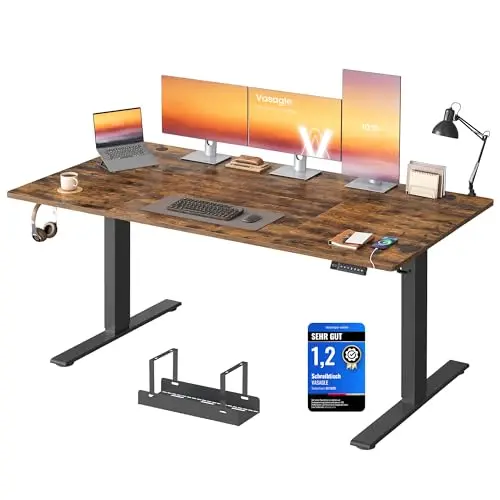 VASAGLE Höhenverstellbarer Schreibtisch, 180 x 80 cm, vintagebraun, mit USB-C-Anschluss und Ablage