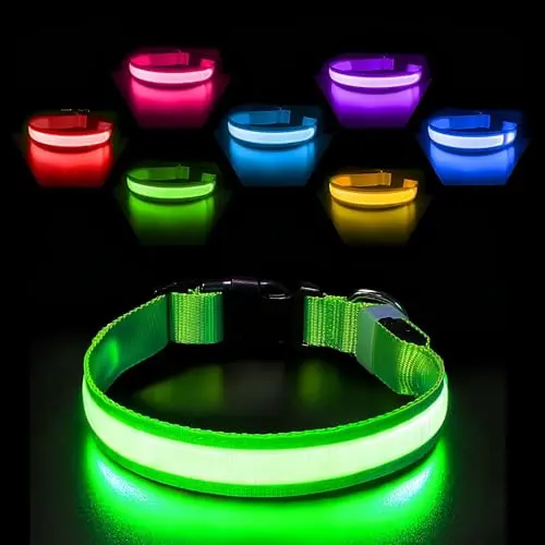 Aufladbares Leuchthalsband für Hunde, Wasserdichtes LED Halsband in 7 Farben, Einstellbar für kleine und große Hunde, Grün-M