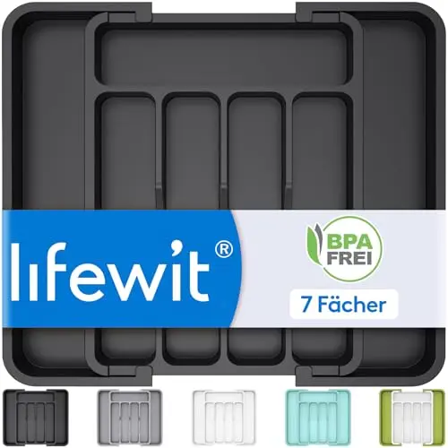 Lifewit Besteckkasten für Schubladen, erweiterbarer Kunststoff-Organizer, 32 cm tief, Schwarz