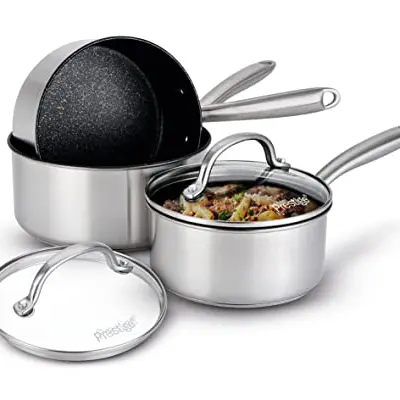 Prestige Scratch Guard Edelstahl Topfset 3-teilig - Kochtöpfe 16/18/20 cm mit Glasdeckel und Edelstahlgriffen