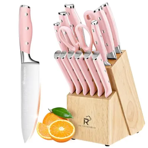 Justup 15-tlg. Messerset in Rosa - Hochwertige Küchenmesser mit Holzblock und Schärfer