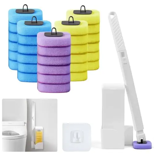 VGECEE Toilettenbürste mit Halter und 30 Ersatzbürstenköpfen, Wandmontage ohne Bohren, ideal für Badezimmer