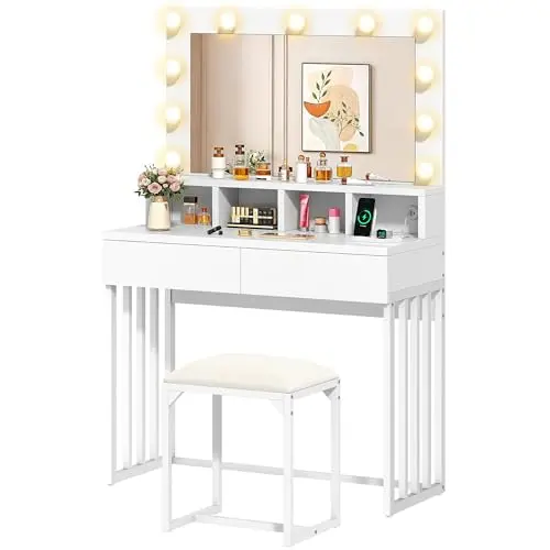 YITAHOME Schminktisch mit Spiegel und Hocker, 3 Farben, Einstellbare Helligkeit, 2 Schubladen, Kosmetiktisch Weiß