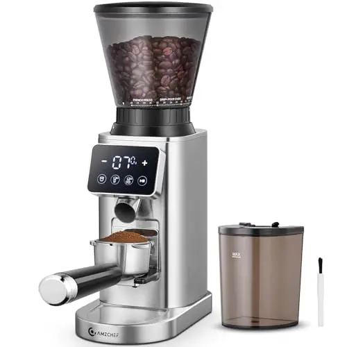 AMZCHEF Elektrische Kaffeemühle mit Abnehmbarem Halter für Siebträger | 48 Mahlgrade für Verschiedene Zubereitungsarten