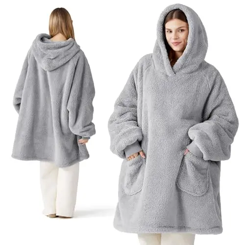BEDSURE Hoodie Decke mit Ärmeln - Kuschelpullover für Erwachsene, tragbare Decke in Grau, 95x85 cm, ideal als Geschenk für Frauen