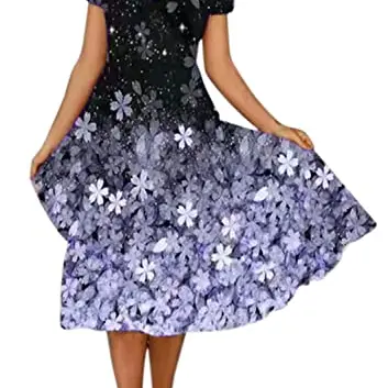 Damen Sommerkleid V-Ausschnitt mit Blumendruck, A-Linie, Midikleid in Violett (Größe L)
