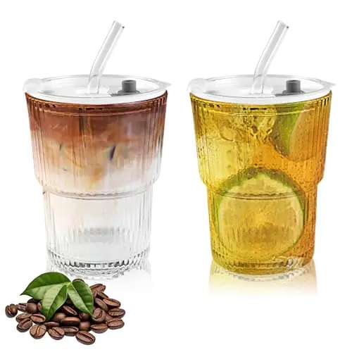 Orixo 2er Set 400ml Glasbecher mit Deckel und Strohhalm, ideal für Eiskaffee und Smoothies