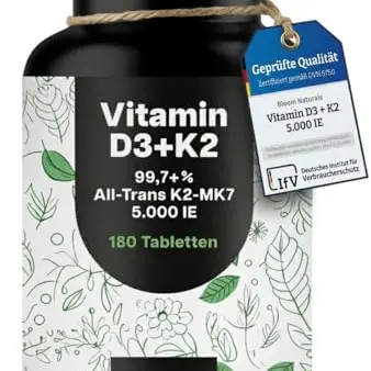 Vitamin D3 K2 5000 IE hochdosiert – 180 Tabletten – Premium K2-MK7, laborgeprüft, made in Germany