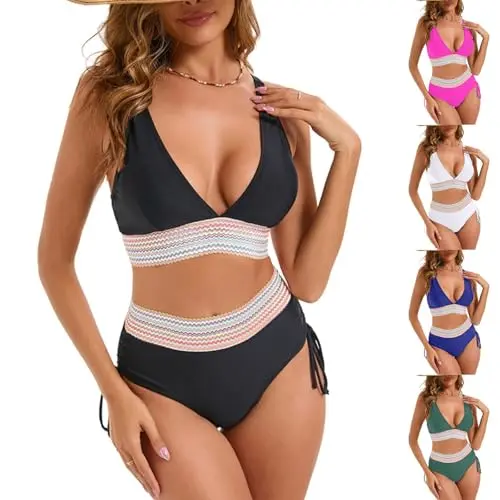 Damen Bikini Set Hochgeschnitten mit V-Ausschnitt, Buntes Wellenmuster, Bikinihose mit Kordelzug, Sommer-Strandmode