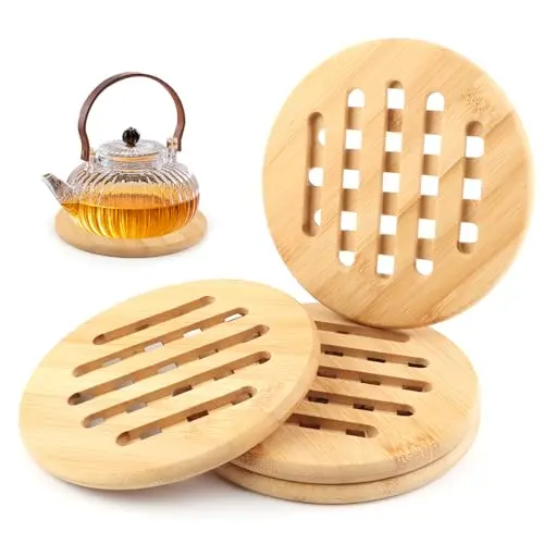 VFANDV 4er Set Bambus Topfuntersetzer, rutschfest und hitzebeständig, 15 x 15 cm, für Töpfe, Pfannen und Teller