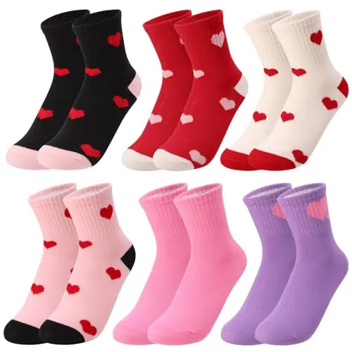 6 Paar Kinder Tennissocken mit Herzen, Streifen, für Mädchen, 33-36, Sportsocken, Laufsocken, Komfort