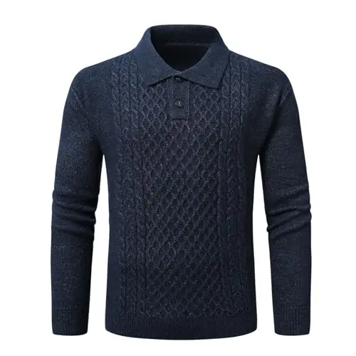 Herren Winter Strickpullover mit Knöpfen, Zopfmuster, Revers, Navyblau, XL