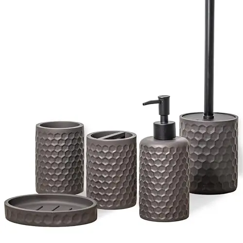 ZCCZ Badezimmer Set – 5 Teile – Organizer mit Bürste, Zahnbürstenhalter, Seifenspender und Seifenschale – Edle Deko in Bronze