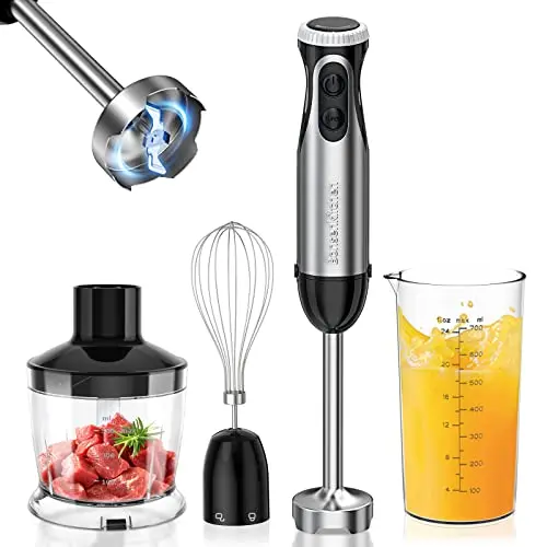 Bonsenkitchen Pürierstab 4-in-1, 1000W, Edelstahl, mit Schneebesen, Häcksler und Messbecher für Babynahrung, HB3203 (Schwarz)