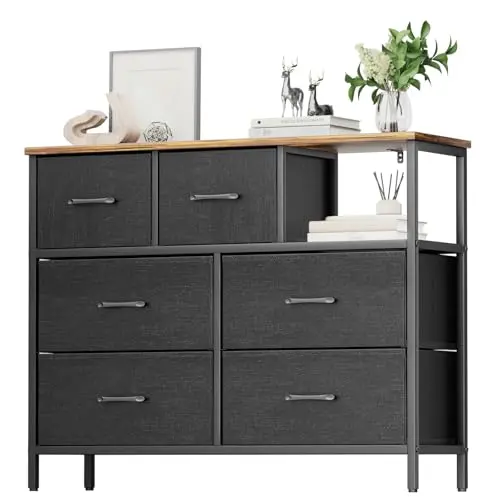 Flycity Kommode mit Schubladen, Stoffkommode für Wohnzimmer, Schlafzimmer und Flur, Schwarz, 100 × 30 × 79 cm