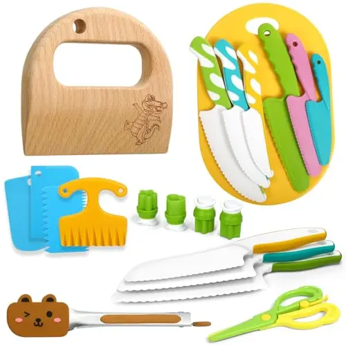 Kinderküchmesser 21-teilig mit Schneidebrett und Holzmesser – Lernspielzeug für sichere Küchenexperimente