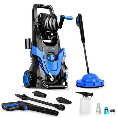 Hochdruckreiniger 145 Bar mit Flächenreiniger und Schaumkanone, ideal für Autos und Einfahrten, Blau